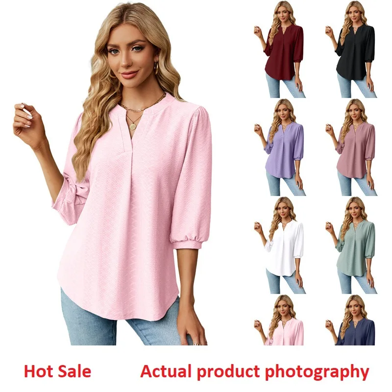 Loose Maternity Blouse Long Sleeve T-Shirt Tees Spring Autumn Female Women Casual Jacquard Pleated V-Neck Pullover T-Shirt Tops