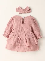Newborn-6M Baby girl Long Sleeve Pink leisure and simplicity pure color Spring  autumn Princess dress+hair band 2