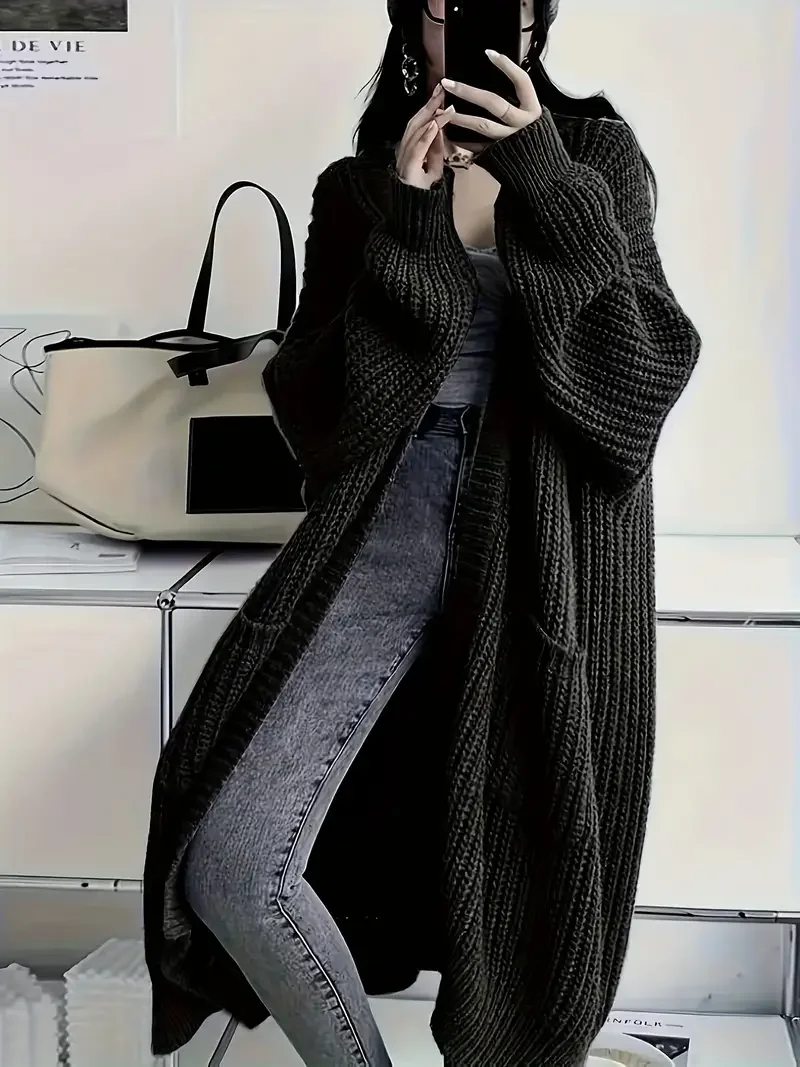 Women's Solid Open Front Knit Cardigan with Pockets - Casual Long Sleeve Sweater for Comfortable Layering 2