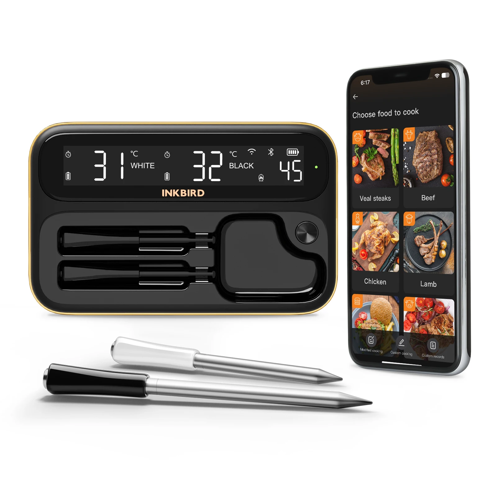 Termômetro de carne sem fio de modo duplo INKBIRD, combinação de sonda longa e curta, LCD HD retroiluminado, IP67 à prova d'água e alarme para churrasco, grelhar