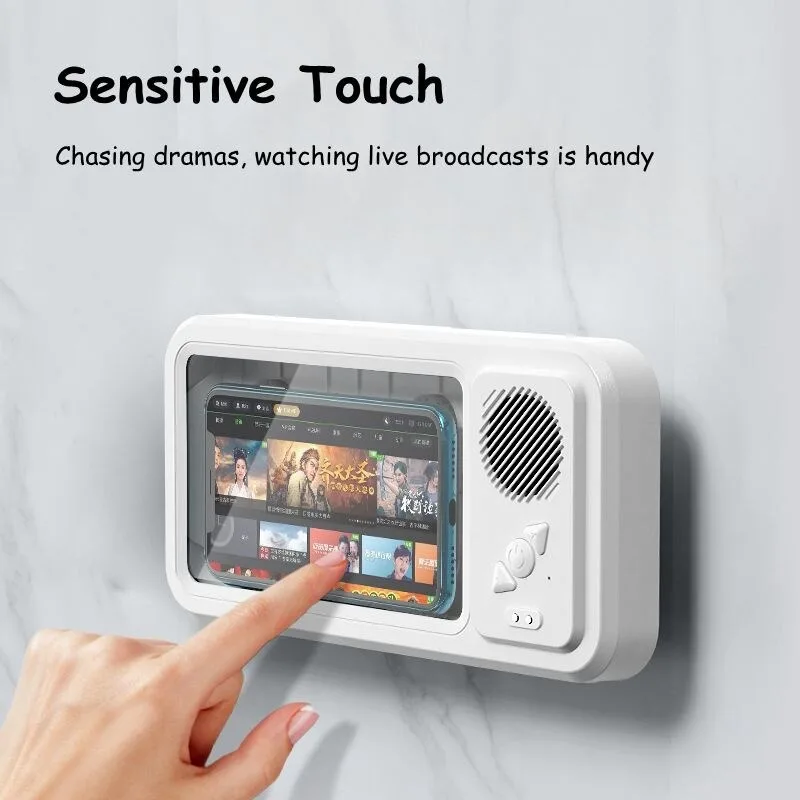 Shower Phone Holder with Bluetooth Speaker IPX4 Waterproof Anti-Fog Touch Screen Wall Mount Phone Holder for Shower Bathroom