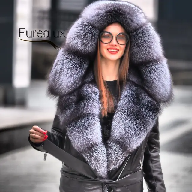 2021 New Real Fur Mink Coat With Warm Thick Fox Fur Collar Whole Skin  Nature Mink Fur Jackets Capped Winter Outwear