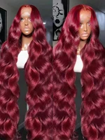 Perruques Lace Front 13x4 HD Transparentes en Cheveux Humains Rouge Bourgogne 99J, Ondulées, Pré-Pluckées, 34 Pouces, Pour Femmes 6