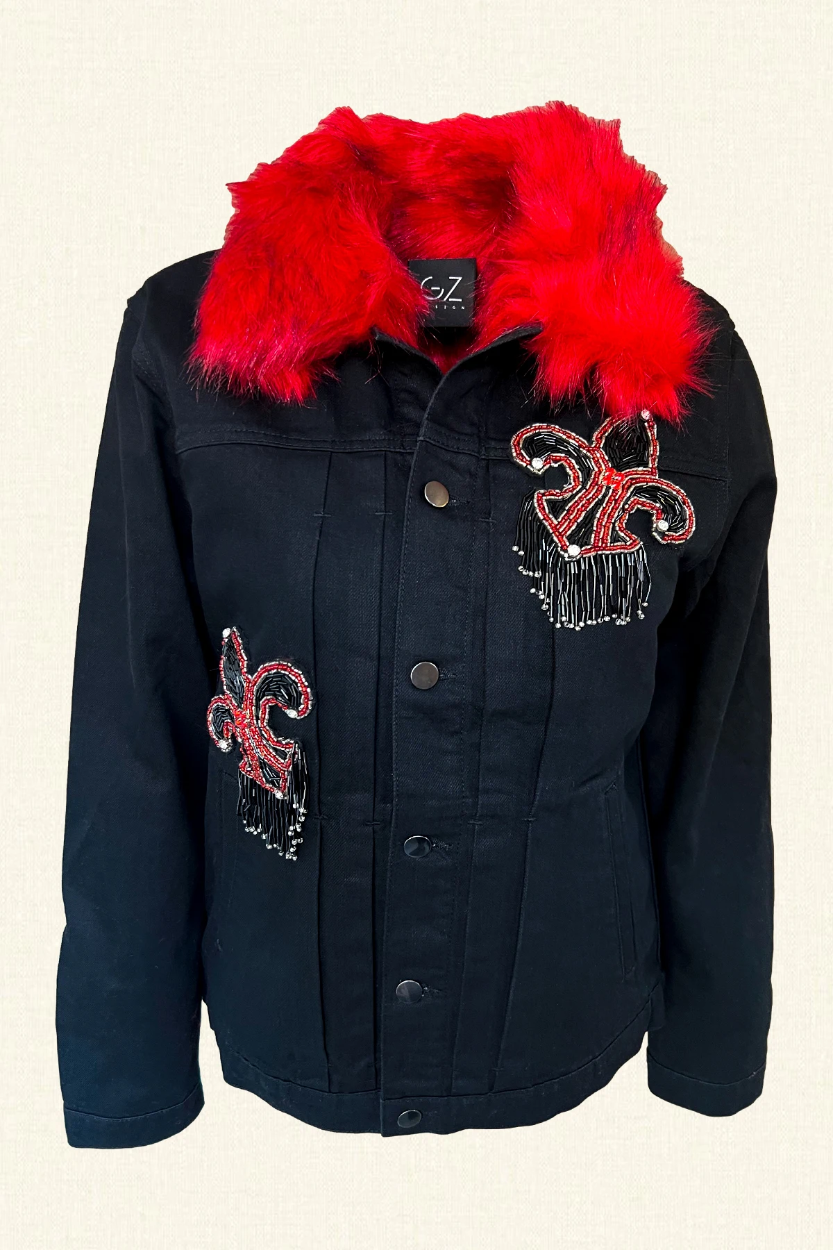 

2022 Fashion Red Faux Fur Black & Red Crystal Stone Embroided Women Denim Jean Jacket
