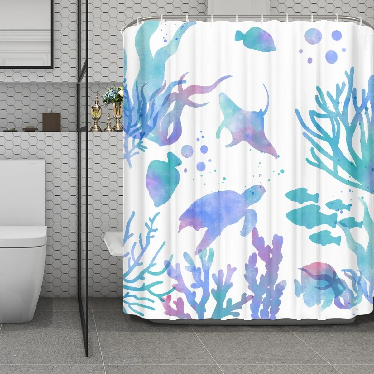 

Home Bathroom Decoration Shower Curtain Custom Cartoon Sea Creatures Bathroom Curtain Waterproof Bathtub Decor Cloth Curtain