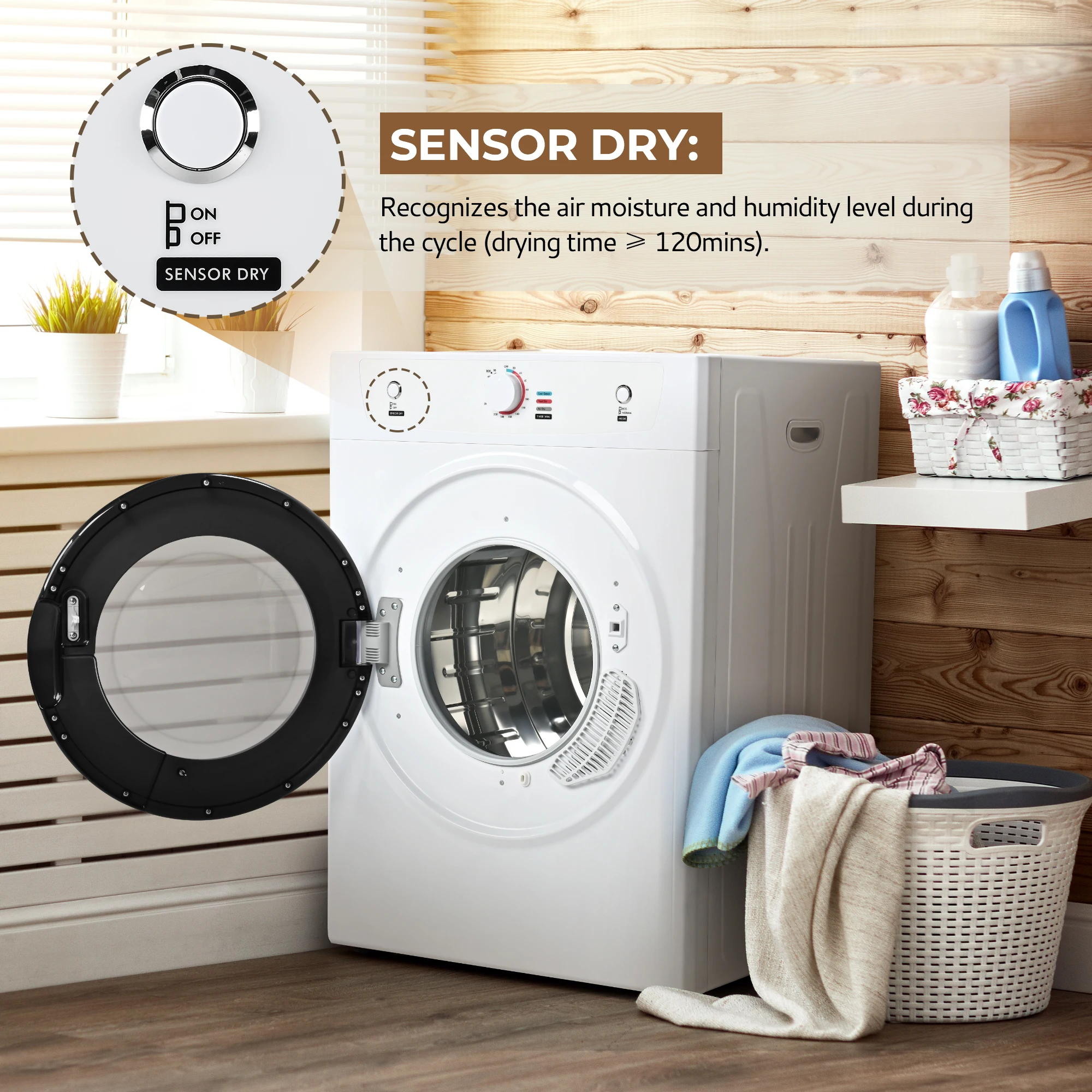 SIMZLIFE 3.5 Cu.Ft. Dryer 1500W Electric Clothes Dryer Stainless Steel Tumble with Exhaust Hose for Home Apartment Dorm
