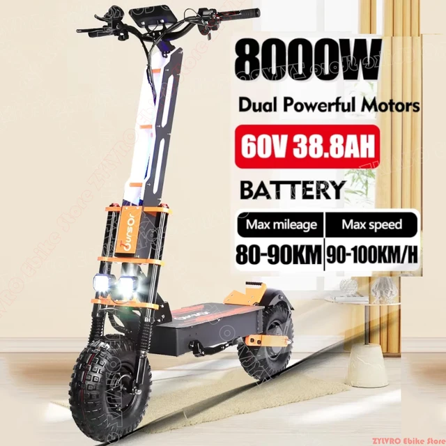 Trottinette électrique EU X8 pour adultes, 8000W, double moteur, 60V 38AH, 14 pouces, tout-terrain, vitesse maximale 100 km/h, autonomie maximale 120 km, charge maximale 200 kg 1