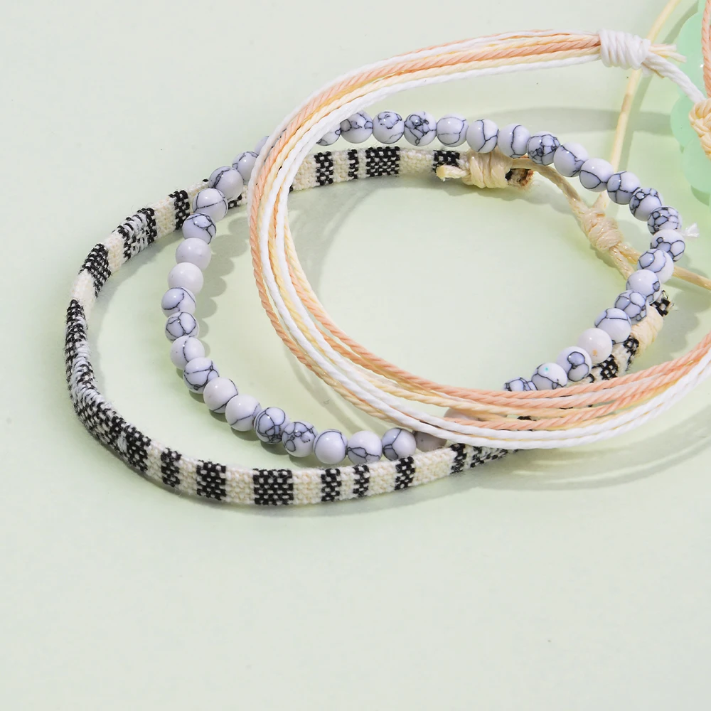 Men's braided bracelet set 3 pcs natural stone couple's bohemian ethnic cotton and linen hand-woven