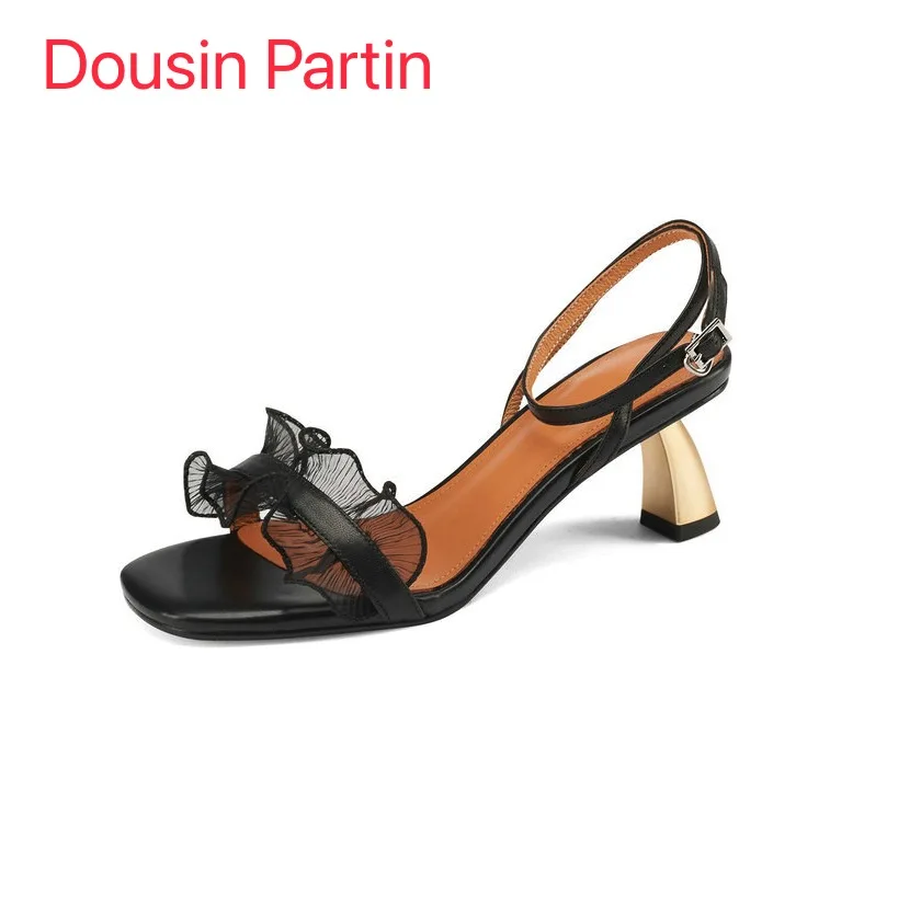 Dousin Partin Ankle Strap Hoof High Heels Platform Female Square Toe Lace Sandals Genuine Leather Summer Women Shoes
