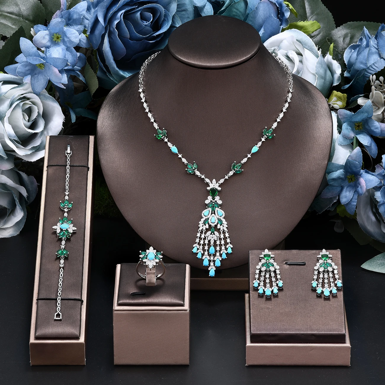 

New Exquisite Turquoise Dubai Jewelry Sets for Wedding Bridal Wedding Party 4 Pieces Set Accessories