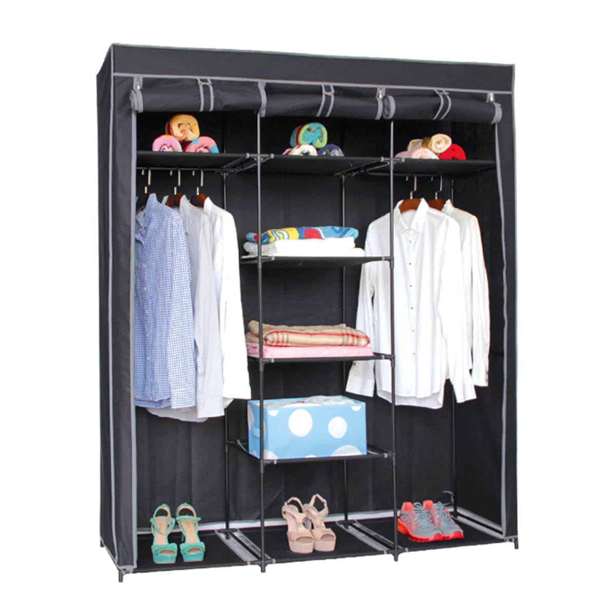 Armario de tela de estantes y dos barras, para guardar ordenar ropa, funda con