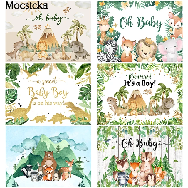 Mocsicka Dinosaur Baby Shower Backdrop Safari Jungle Green