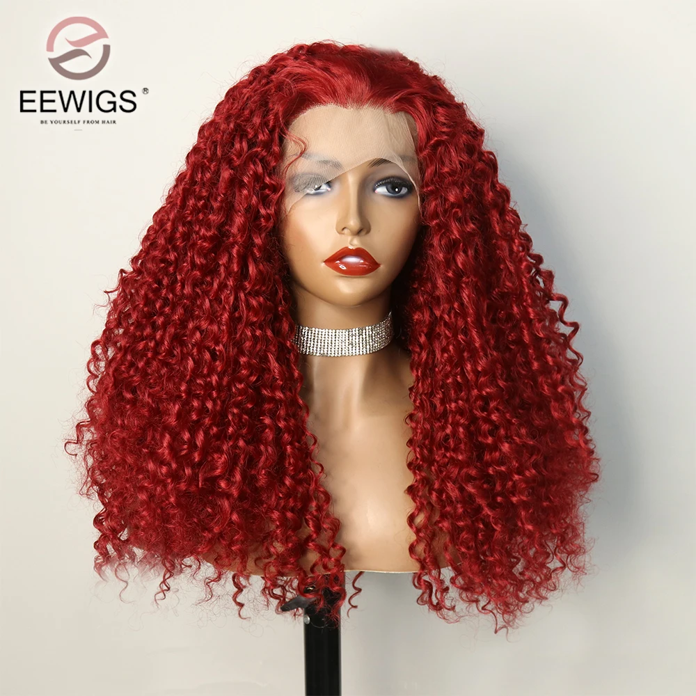 

Kinky Curly Synthetic 99J Colored Heat Resistant 13×4 Transparent Lace Front Wig For Women Preplucked With Baby Hair Drag Queen