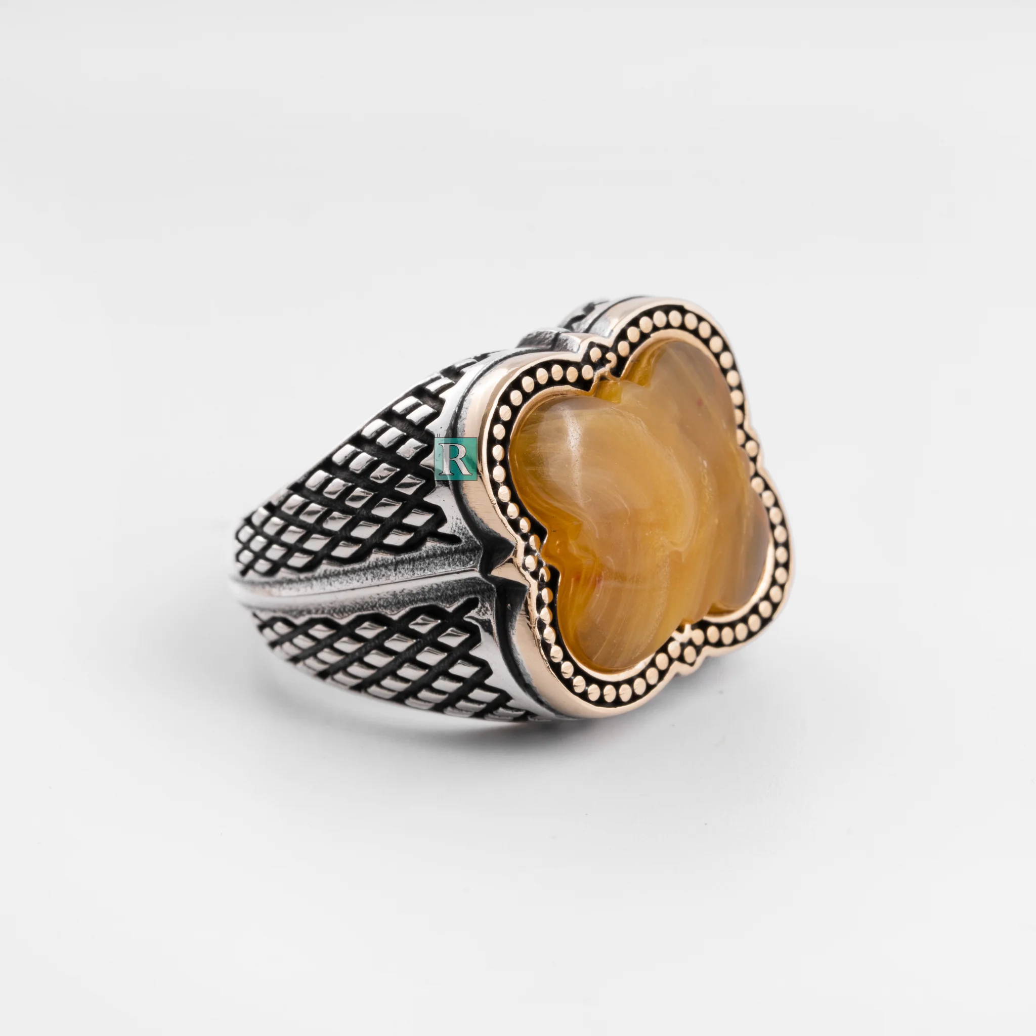 925 Sterling Silver Ring For Men's Hony Amber Stone Gemstone Clover Flower Design Handmade High Quality Accessories Jewelry Gift images - 6