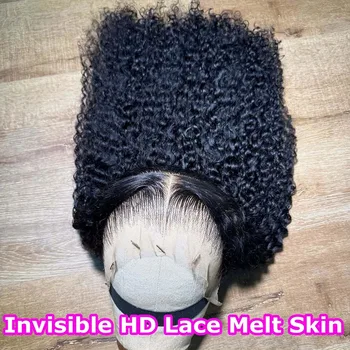 Kinky Curly Wave HD Transparent 13x4 Lace Front Wig Brazilian Human Hair Pre Plucked Natural Black Curly Wave Wig With Baby Hair 1