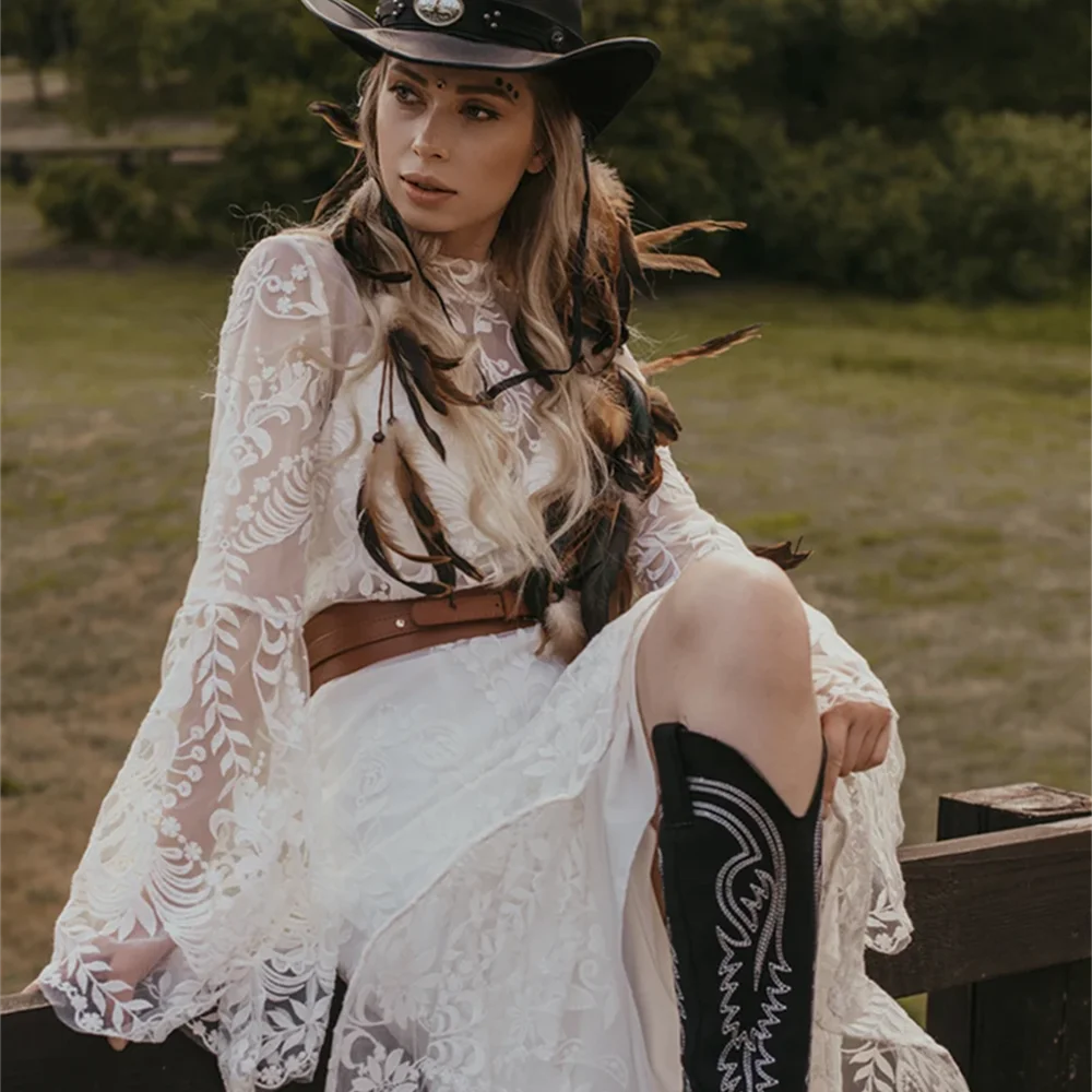 

20102 # реальные фотографии элегантное кружевное свадебное платье с расклешенными рукавами для невесты женское платье с высоким горлом для помолвки 2024