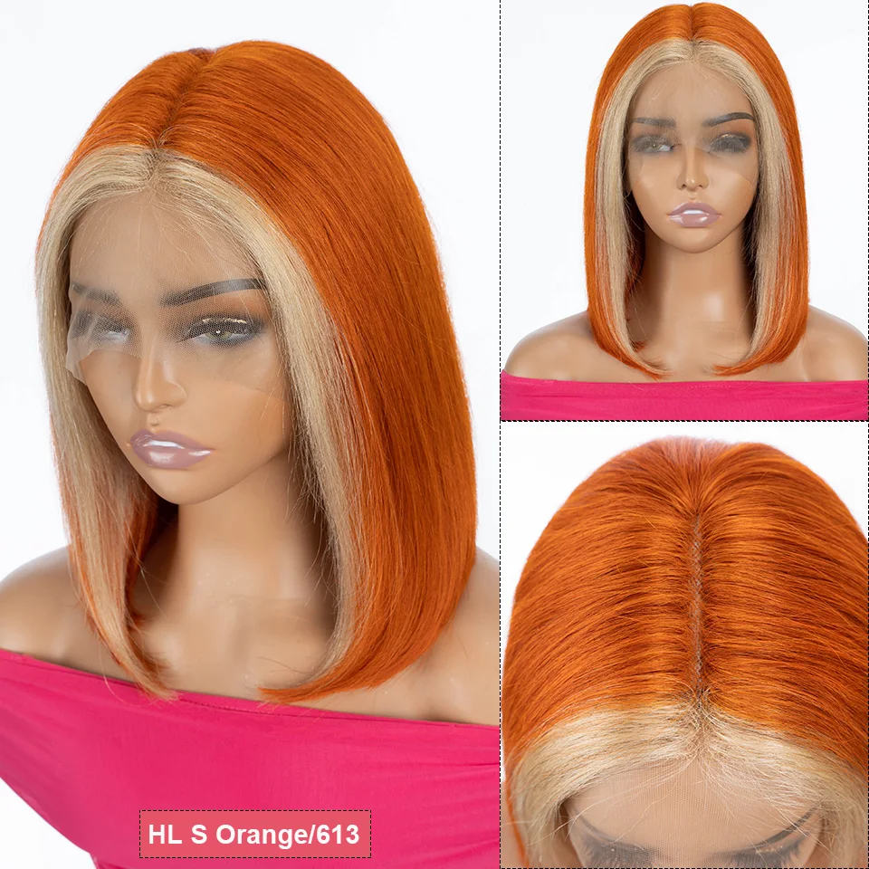 Ginger Short Bob Lace Front Wigs 100% Human Hair Wigs Lace Wigs For Women Blonde Orange Straight Brazilian Hair T Part Wig QVR