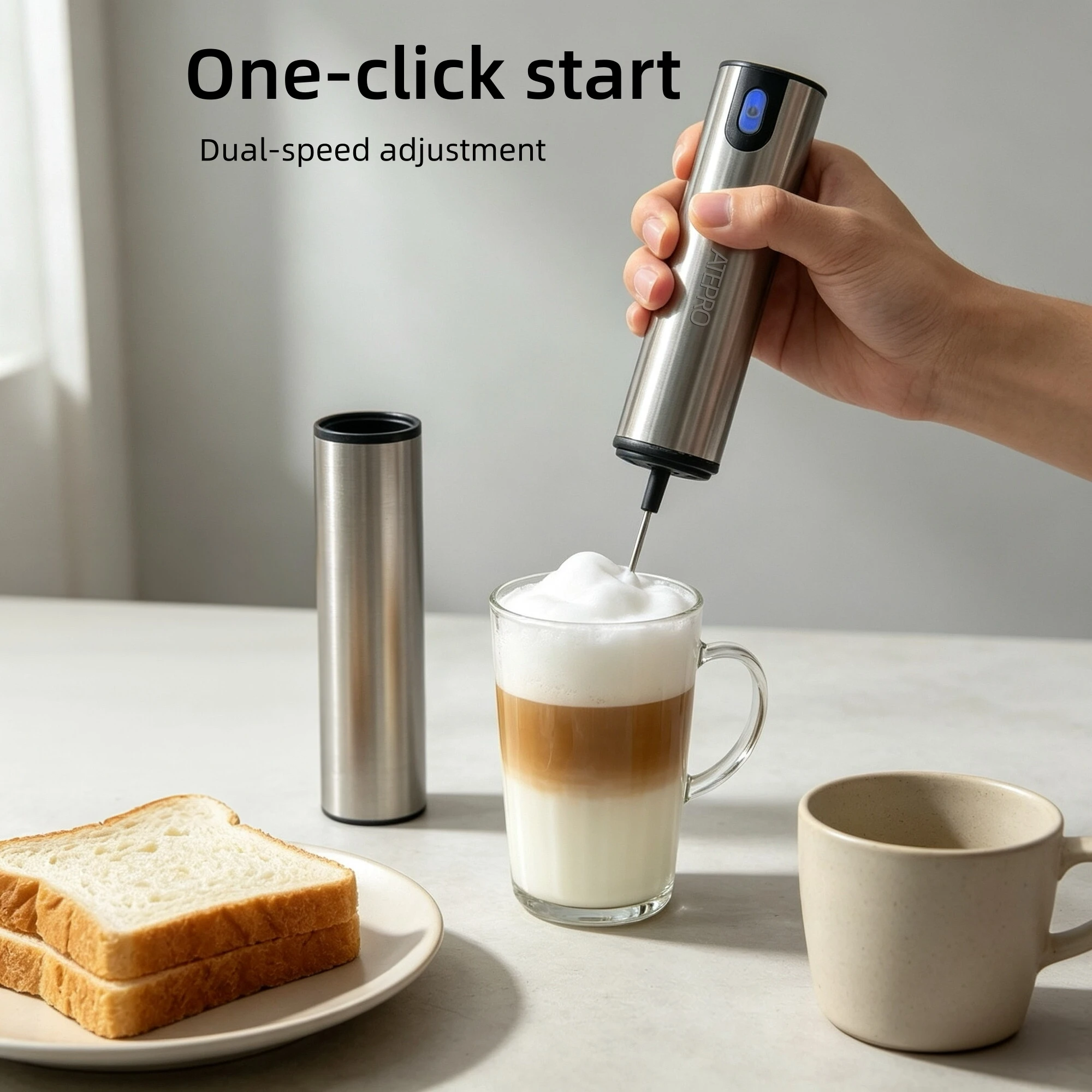 Stainless Steel USB Rechargeable Handheld Milk Frother with Storage Lid