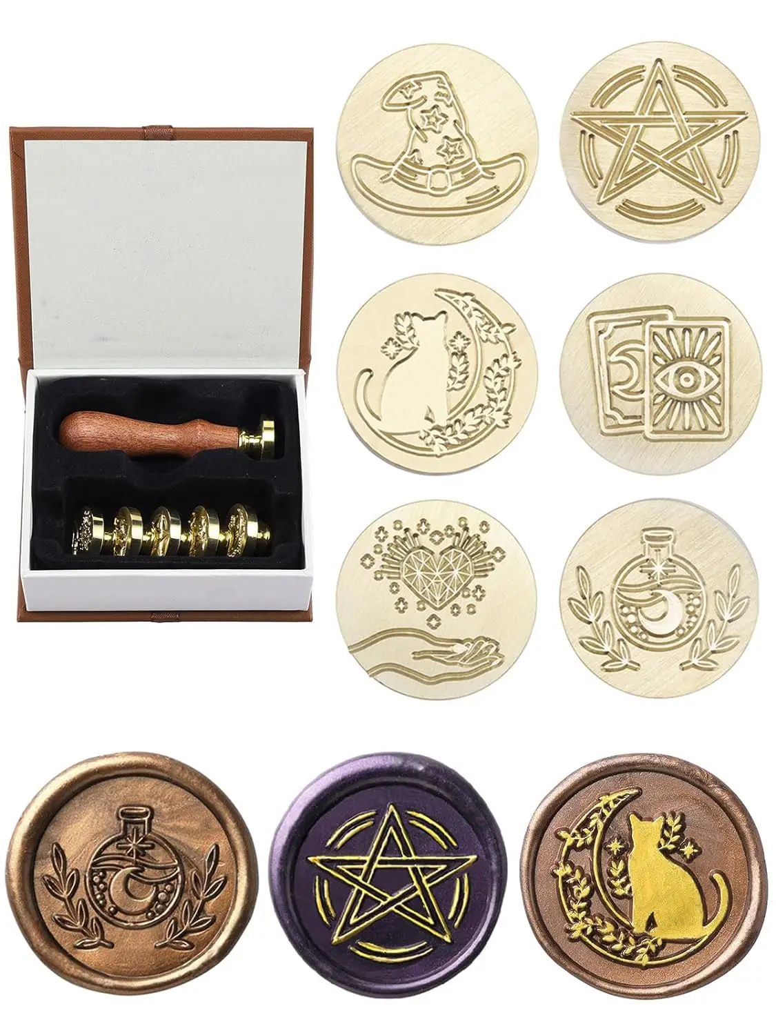 

Wax Seal Stamp Gift Box 6 Pieces Wiccan Brass Heads Vintage Stamp Kit for Invitations Letter Cards Envelopes Witchcraft