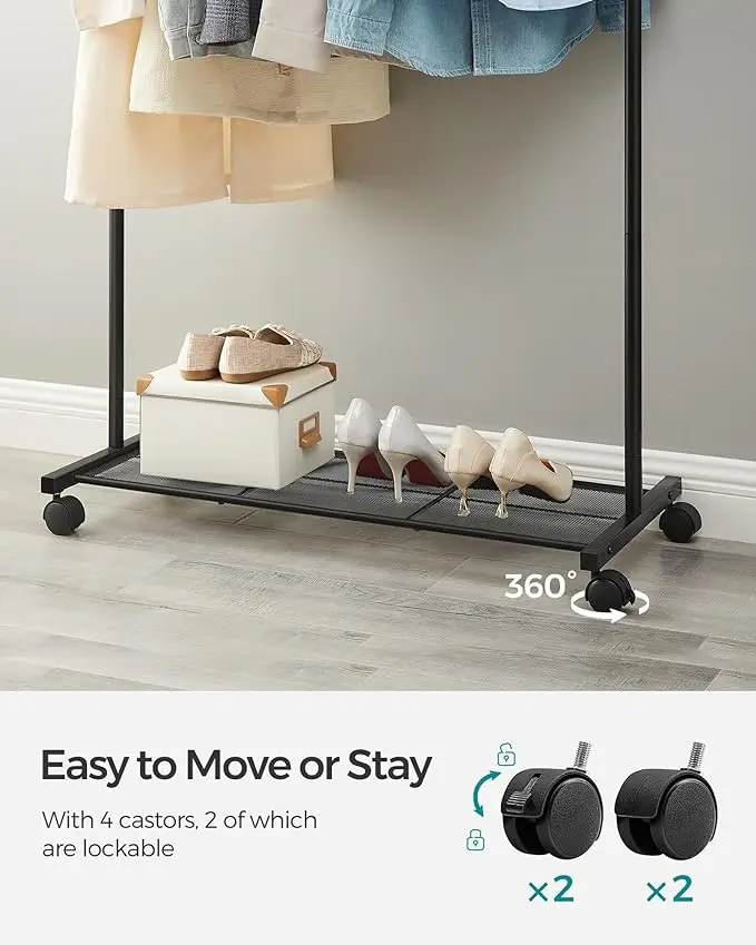 Clothes Rack with Wheels, Black Finish, Includes Storage Shelf, 110 LBS Capacity, Ideal for Hanging Clothes or Garment Storage. 4