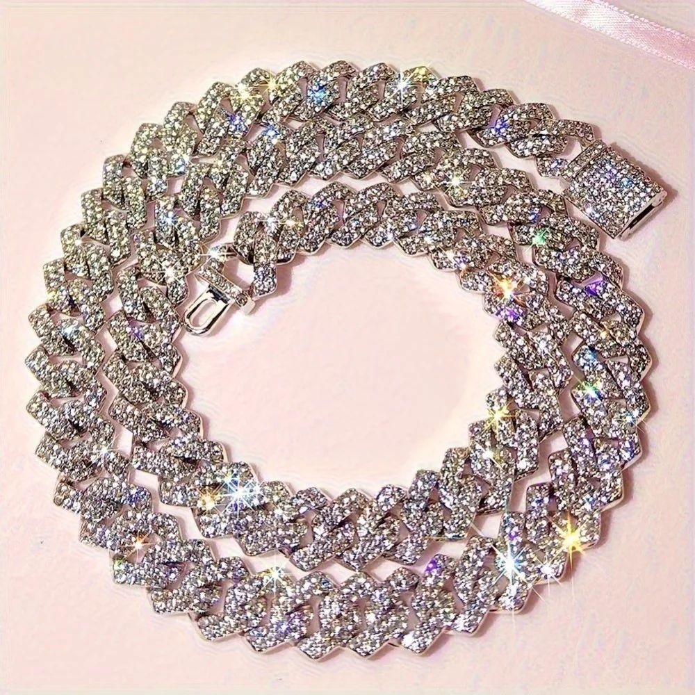 1pcs Silvery 14Mm Square Cuban Link Chain Necklace for Men - Shining Hip Hop Cuban Chain Collarbone Necklace Set 1
