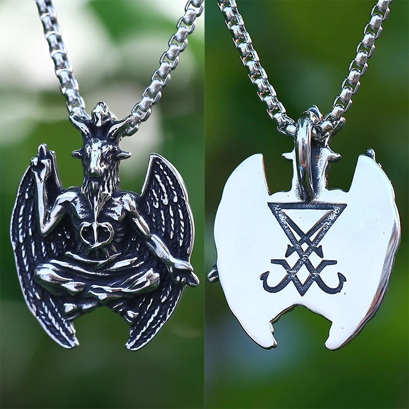 JewelryWe Collana Satana Capra uomo: collana Baphomet vichingo, in acciaio inossidabile, ciondolo demoniaco gotico scuro, catena nodo celtico, vintage, gioielli Amuleto pagano, regalo uomo