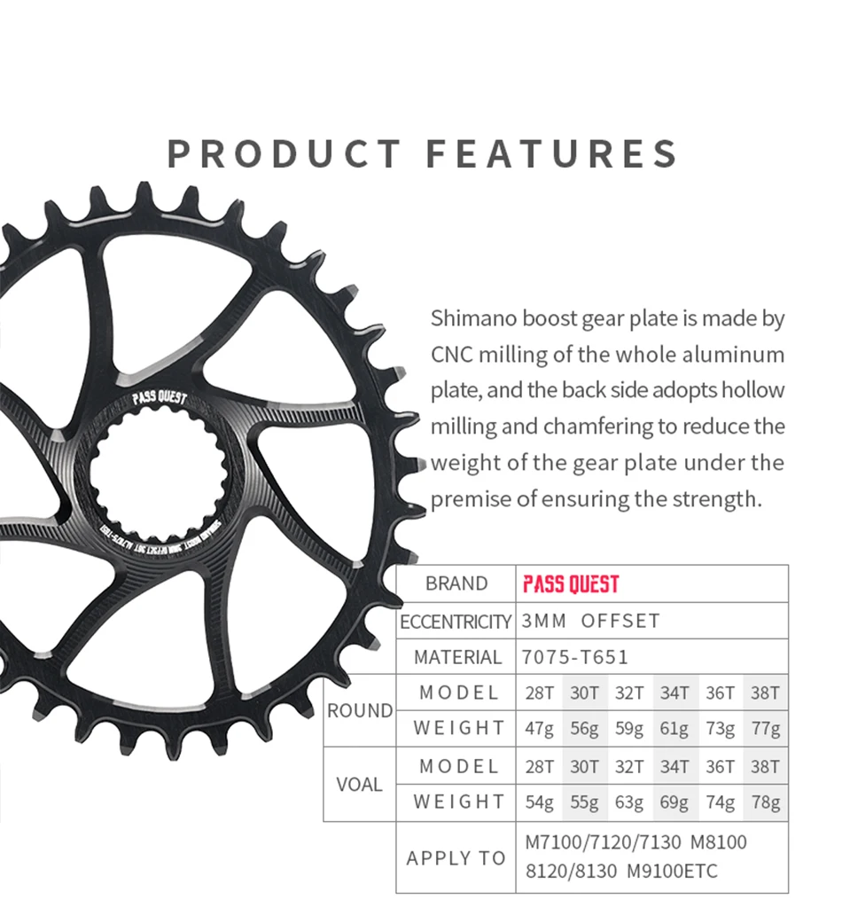 PASS QUEST 3mm Offset für Shimano Boost Direct Mount Kettenblatt 6mm Offset für Shimano Deore M6100 M7100 M8100 M9100 RUND – Detail 3