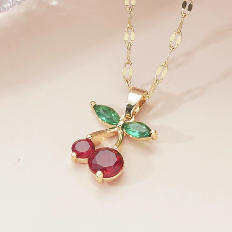 Cherry Pendant Necklace With Red Zircon And Elegant Korean Style_voghion.com