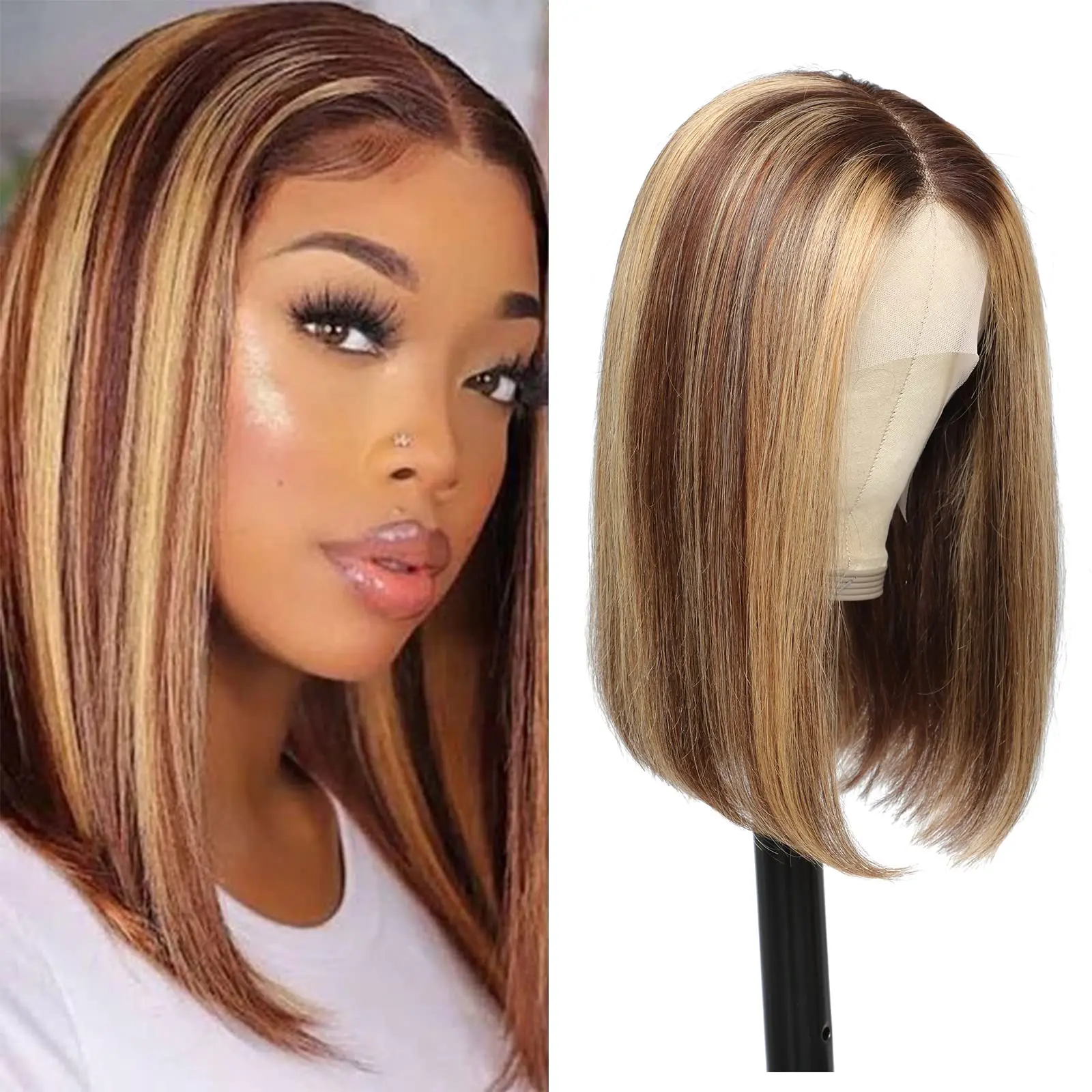 

6x4 Lace Front Wig Human Hair For Women Wear And Go Hair Highlight Wig Ombre 4/27 Honey Brown Bob Wigs Pre Plucked Glueless