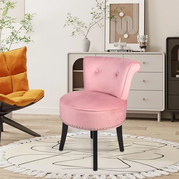 Luxury Velvet Vanity Stool, Padded Makeup Dressing Stool Chair with Wood Legs, Button Tufted Low Back Sponge Foam Stool for Room 1
