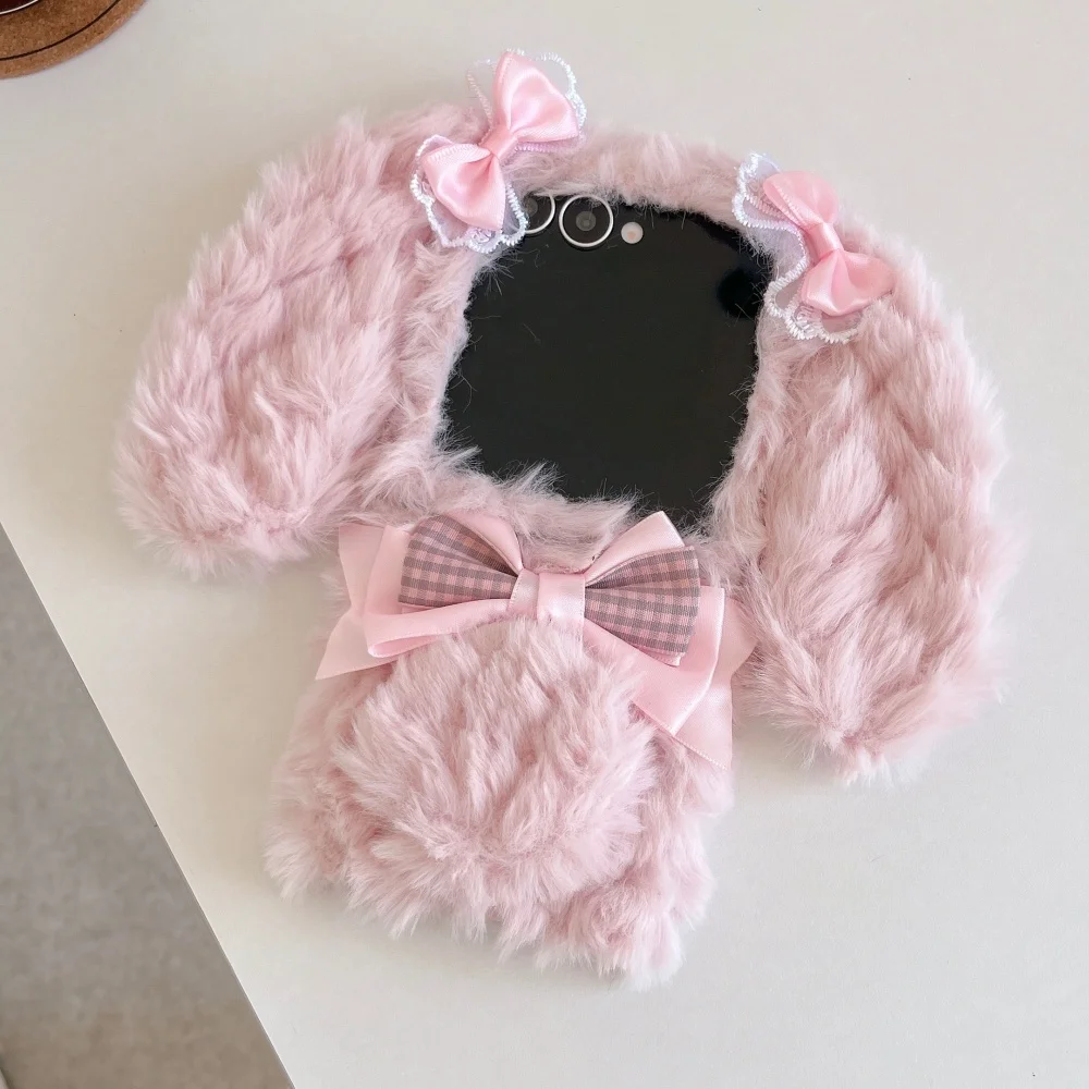 Chic Plush Plaid Bow Bunny Phone Case - Fashionable Shockproof Protection
