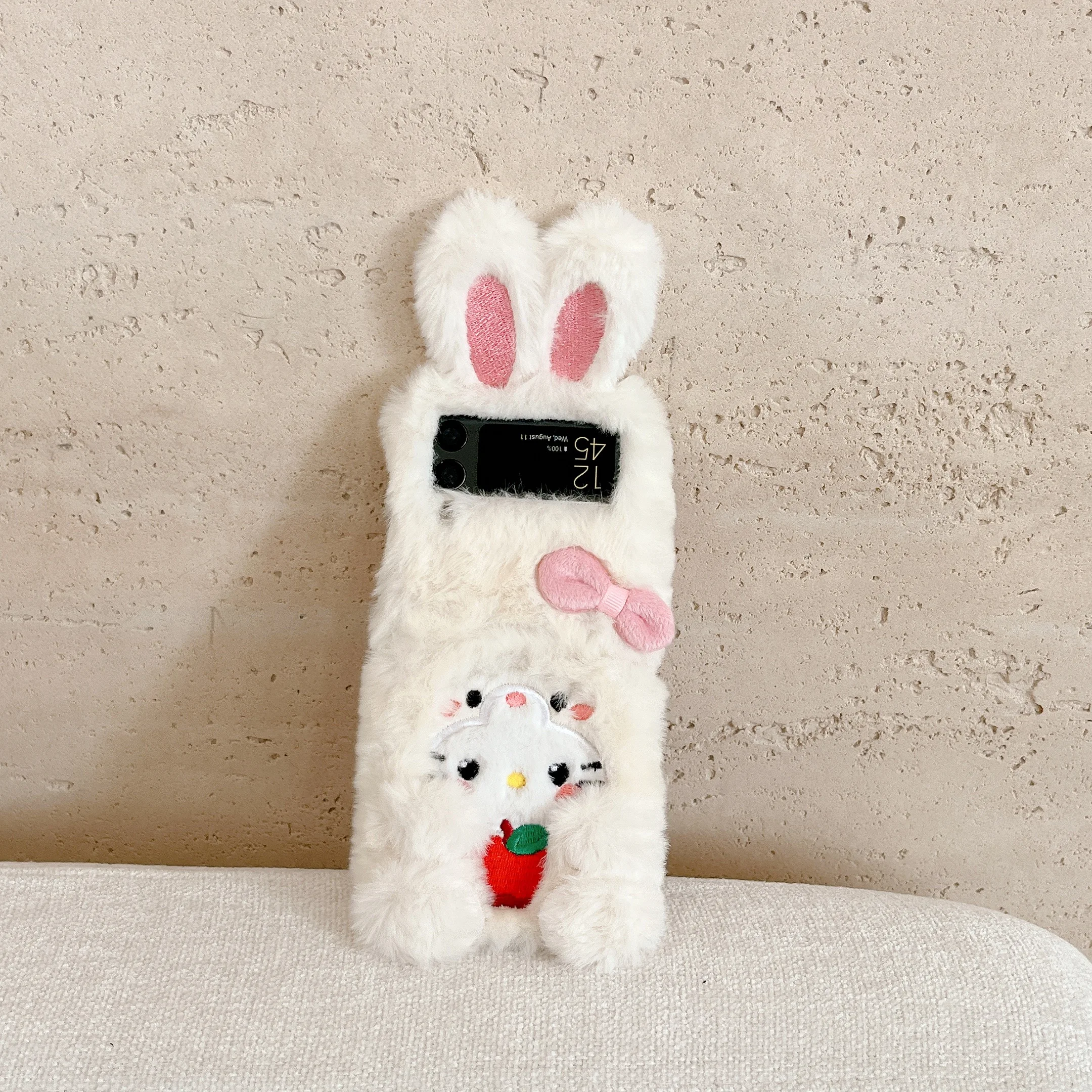 Charming White Rabbit Plush 3D Bow Phone Case with Wrist Strap and Anti-Drop Protection