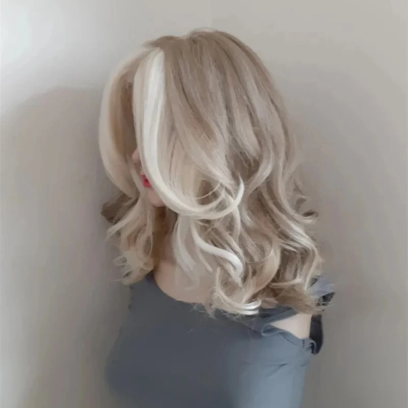 Ash Blonde Lace Front Wig Curly Money Piece Highlights Short Wig 16'' Heat Resistant Synthetic Hair Lace Wigs Ladies Daily Use