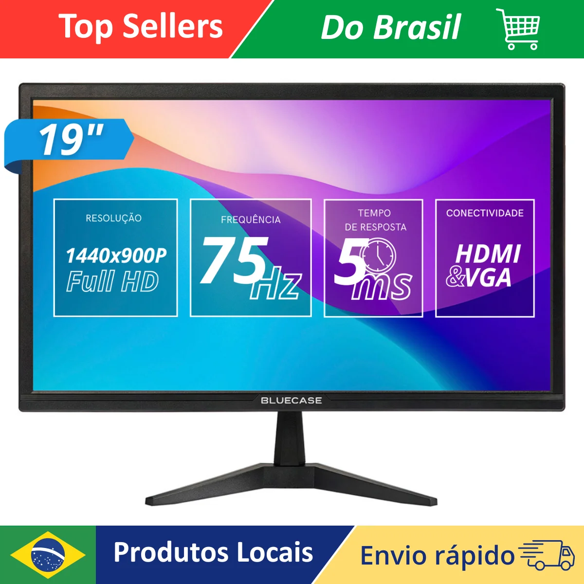 Monitor LED 19 Polegadas WXGA 1440x900 Com HDMI E VGA Para PC Desktop E Notebook De 75Hz Com Suporte VESA E Cabo Incluso