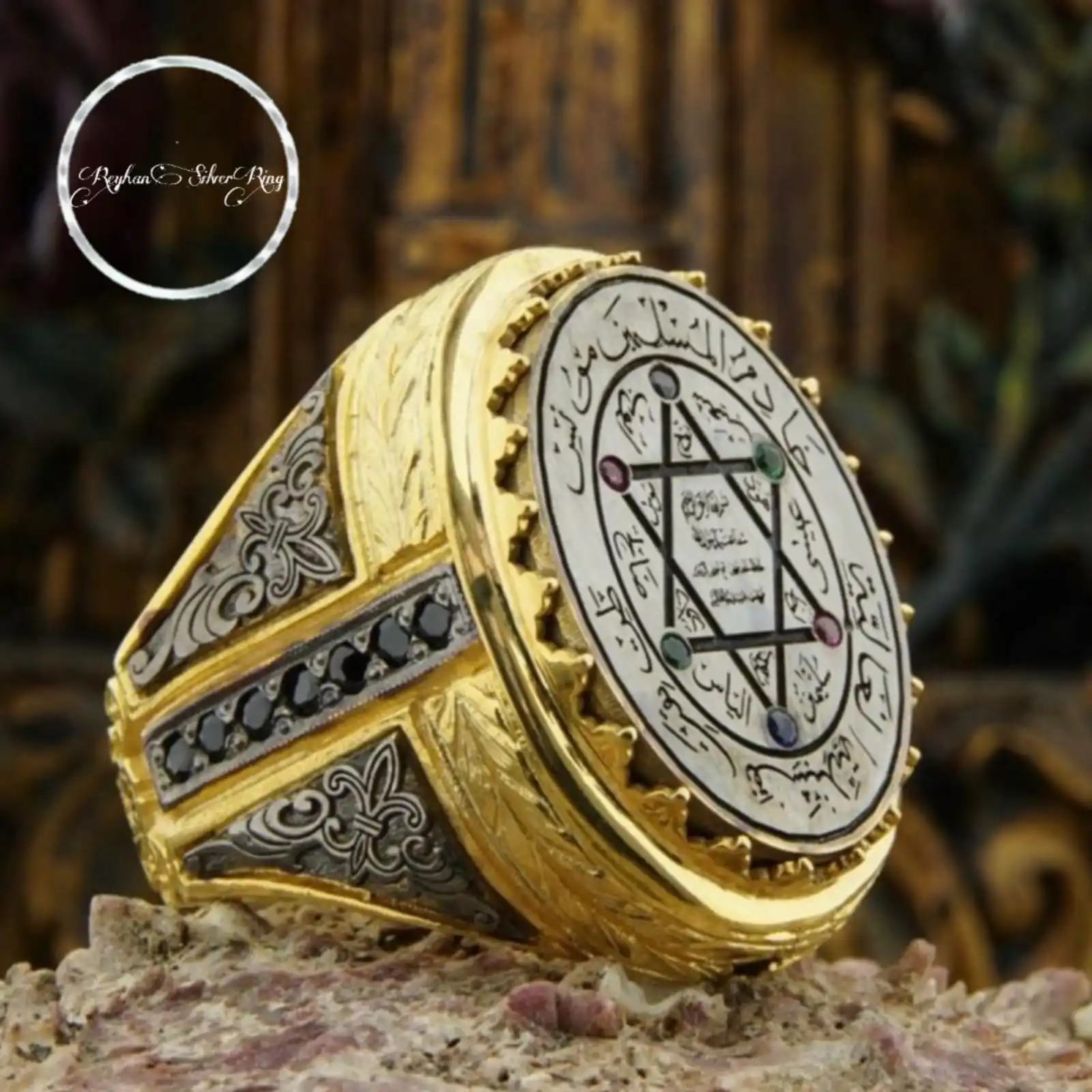 Gold-Plated Solomon's Seal Ring with Black and Colored Zircon Stones, Star of David Design Oval Father's Day Gift menorah menora jewish israel holyland jerusalem star of david hamsa hamesh miriam hand menorah