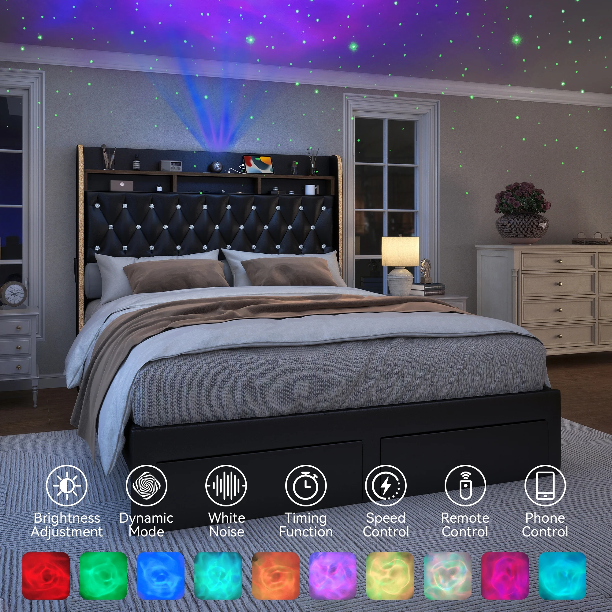 LED Bed Frame with Storage Drawers, Star Projector, Charging Station & Speaker 2
