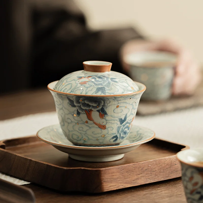 100ml Ru Yao Small Gaiwan Set For Tea Ceramic Opening Chinese Tureen Cloud Tea Bowl Kung Fu Rabbit Chawan Cups Lily Deng