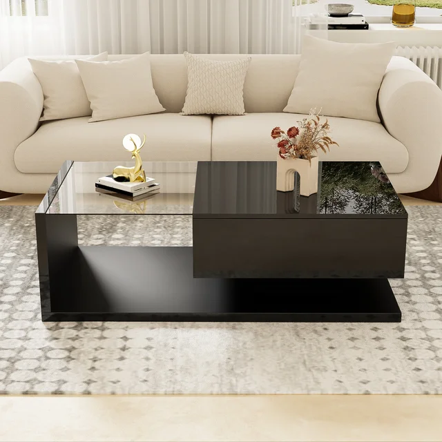 Table basse avec 1 niche de rangement et éclairage LED 16 couleurs, finition brillante, en verre trempé et panneaux, noir 1