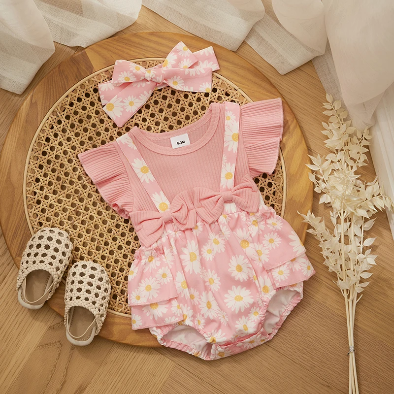 Princess Bowknot Baby Girls Romper with Headband Summer Newborn