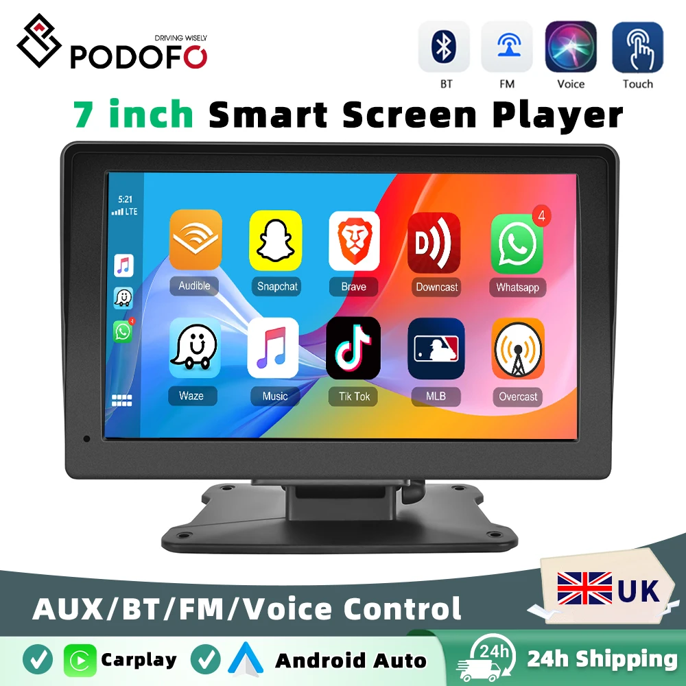 Podofo 7 Inch Car Radio Wireless CarPlay Android Auto Portable Car Stereo Multimedia Player With FM Transmitter BT WiFi AUX USB