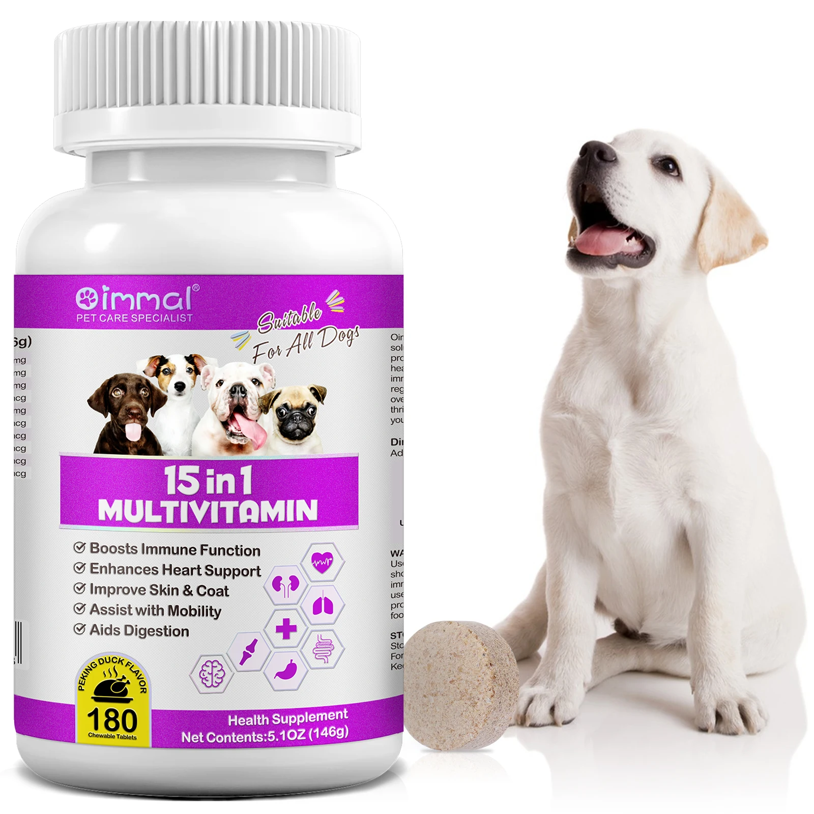 15 in 1 Multivitamin 180 Chewable Tablets Suitable For All Dogs Boosts Immune Function Enhances Heart Support Peking Duck Flavor pet nutrition supplement pet multivitamin supplements