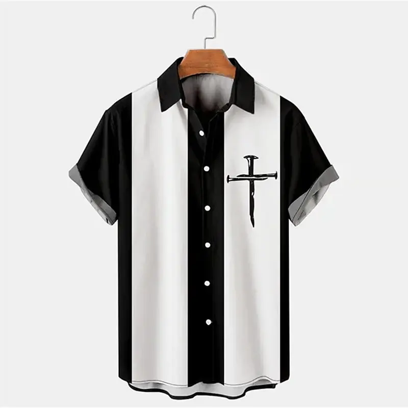 

Striped casual men's shirt casual weekend autumn short-sleeved black four-way stretch fabric shirt Easter