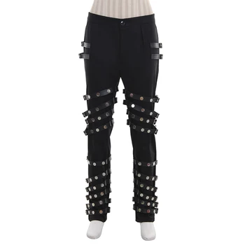 Pantaloni da costume da cantante famoso Pantaloni classici punk neri rock Pantaloni da performance sul palco Costume cosplay Pantaloni con rivetti