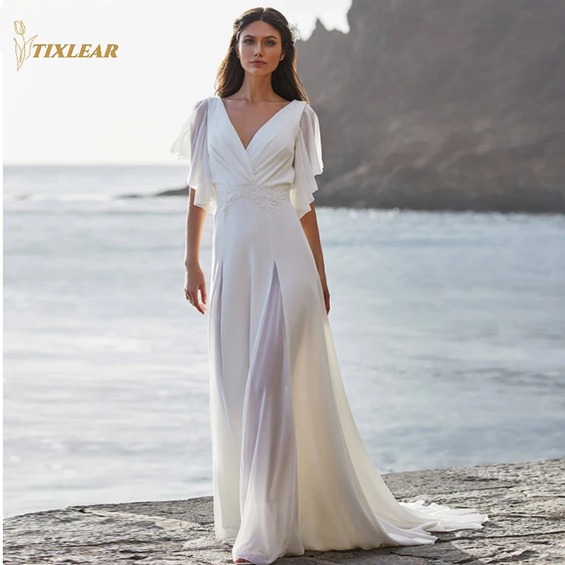 

Tixlear Beach V-Neck Draped Pleat Wedding Dress New Short Sleeves Appliques Illusion Bridal Gown Floor Length Vestidos De Novia