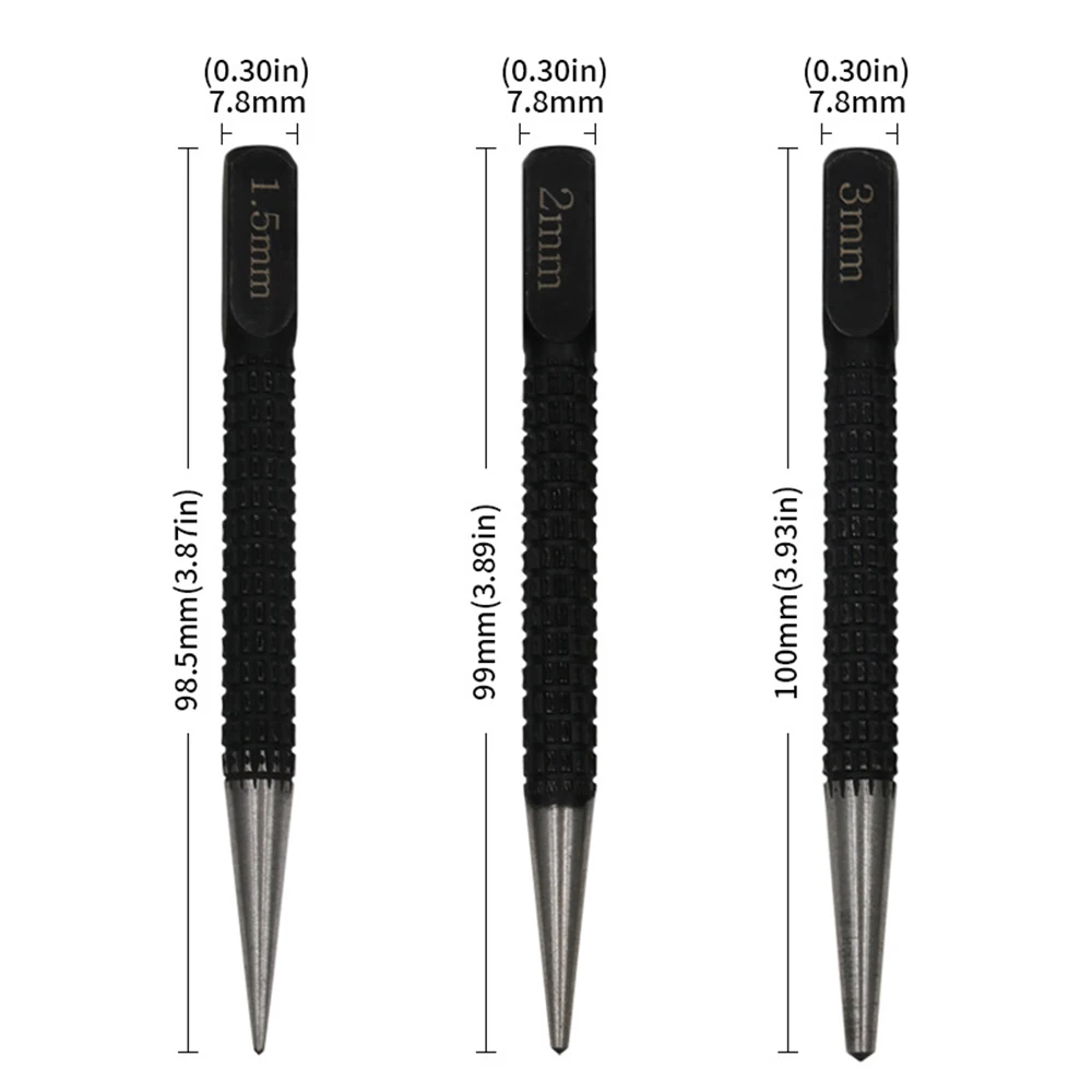 3Pcs 미끄럼 방지 센터 핀 펀치 세트 합금강 금속 목재 드릴링 도구 용 1.5/2/3mm 고 탄소강 센터 펀치