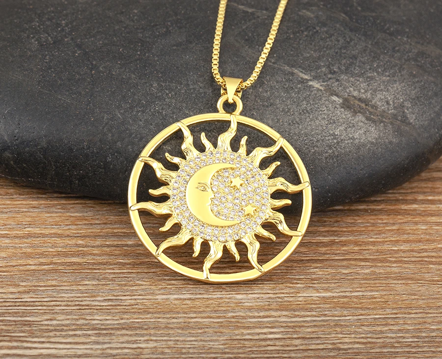 AIBEF Light Of Star And Moon Sun Shape Pendant Women Necklace Copper Zircon Western European Style Jewelry Popular Romantic Gift