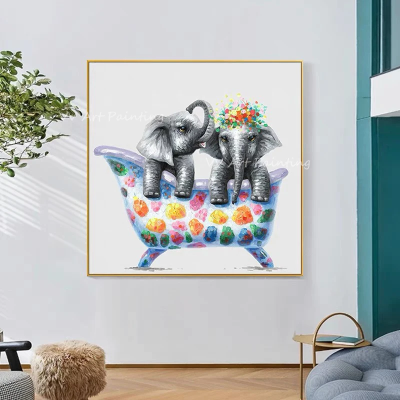 

Abstract Canvas handmade two baby elephants taking shower together cute animal Oil Painting On Canvas Large Size Decoration