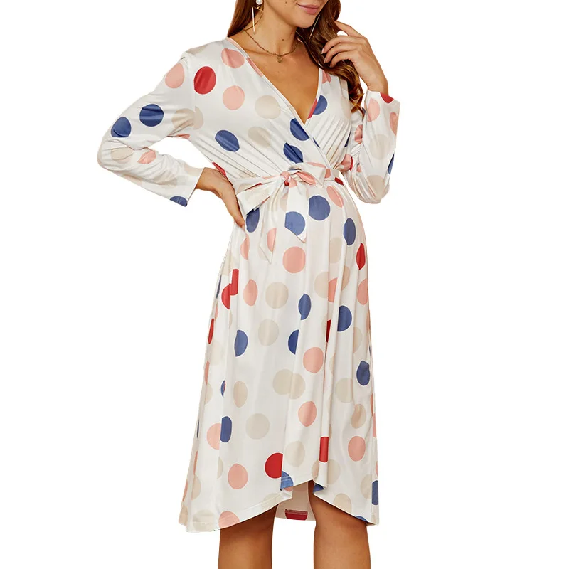 Maternity Breastfeeding Pajamas Polka-Dot Pregnant Women Long Sleeve Nursing Dress Vestidos Premama Pregnancy Dress Robe Femme