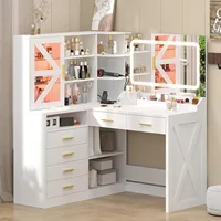 L-Shaped Corner Vanity Desk with LED Lighted Mirror & Charging Station, White Makeup Vanity with 6 Drawers & Sliding RGB Cabinet