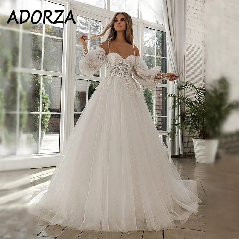 

ADORZA Wedding Dress Elegant Lace Sweetheart Bridal Gown Off-the-shoulder Long Sleeves Court Train Vestido De Noiva for Bride